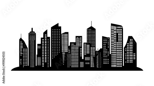 High-rise buildings with reflective glass facades, varying heights, geometric designs, vector illustration art