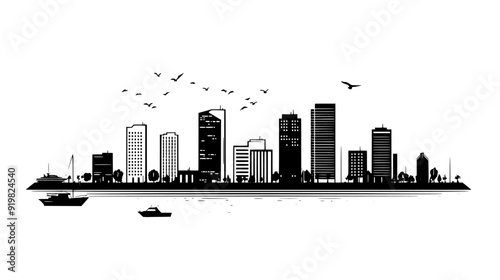 Coastal cityscape with tall modern buildings, harbor with docked ships, and promenade along the shore, vector illustration art