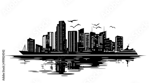Coastal cityscape with tall modern buildings, harbor with docked ships, and promenade along the shore, vector illustration art