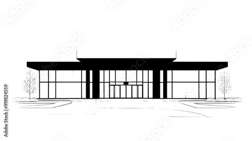 Community center with large glass windows and multiple entrance doors, vector illustration art