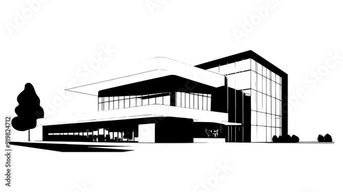 Contemporary museum with sleek facade, expansive glass windows, and open courtyard with sculptures, vector illustration art