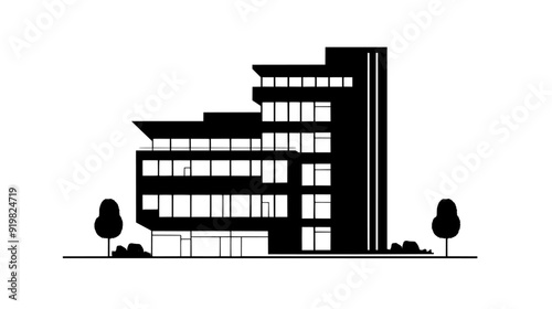 Corporate headquarters with modular structure, overhangs, and rooftop garden terrace, vector illustration art