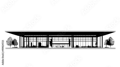 Convention center with wide flat roof, large glass walls, and spacious forecourt with trees and seating, vector illustration art