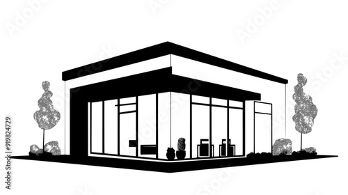 Corner retail building featuring large display windows and a prominent entrance, vector illustration art