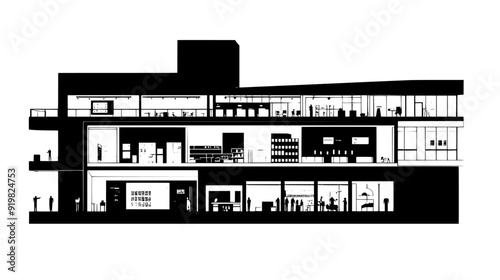 Cross-section of a museum, showing exhibition halls, storage areas, and administrative offices, vector illustration art