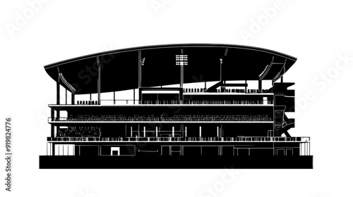 Cross-section of a stadium, detailing seating areas, concession stands, and player facilities, vector illustration art