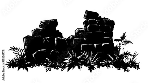 Crumbling stone fortress with collapsed walls and overgrown vegetation, vector illustration art