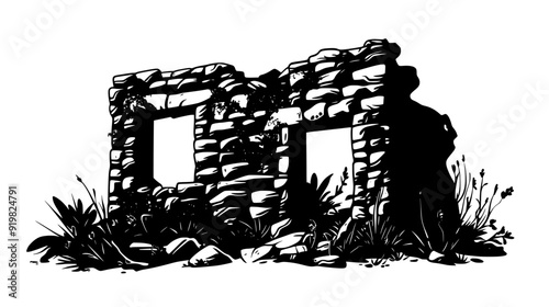 Crumbling stone building with collapsed walls and vegetation, vector illustration art