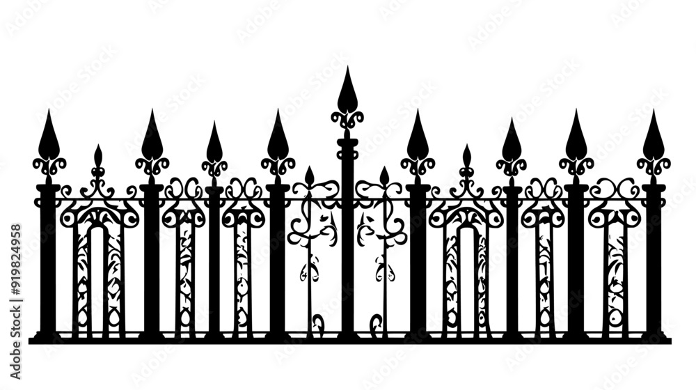 Depiction of a wrought iron fence with elaborate scrollwork and pointed finials, vector illustration art Depiction of a wrought iron fence with elaborate scrollwork and pointed finials, vector illustration art