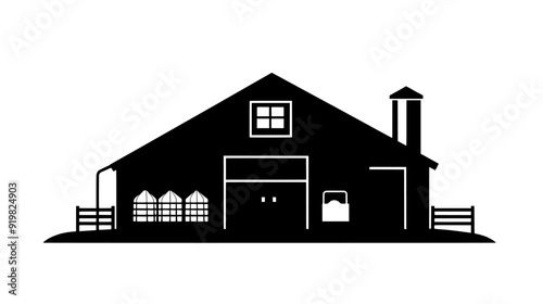 Dairy barn with ventilation units on the roof, next to a feed storage area, vector illustration art