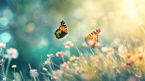 Beautifully vibrant, natural springtime background featuring butterflies photo