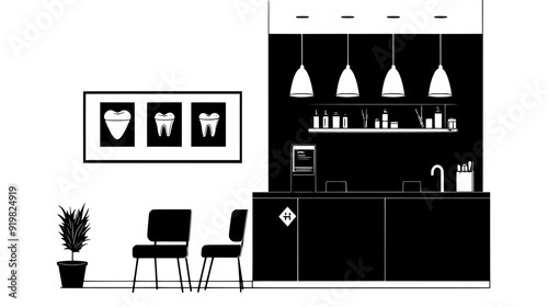 Dental office with treatment rooms, reception desk, and patient waiting area, vector illustration art
