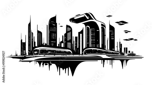 Futuristic urban area with innovative transportation hubs and cutting-edge building designs, vector illustration art