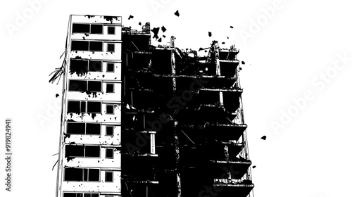 Decayed high-rise building with shattered windows and exposed structural elements, vector illustration art