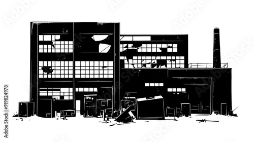 Abandoned factory with broken windows, rusting machinery, and empty spaces, vector illustration art