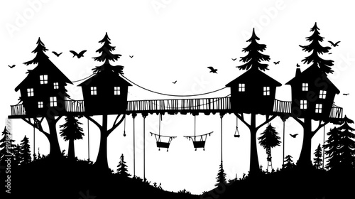 Enchanted forest village with treehouses connected by rope bridges, vector illustration art