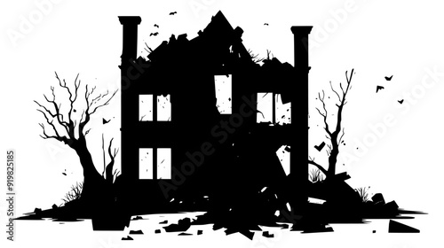 Deteriorating mansion with a collapsed façade, shattered windows, and debris scattered, vector illustration art
