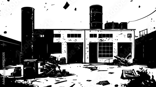 Dilapidated factory with broken windows and rusted machinery, vector illustration art