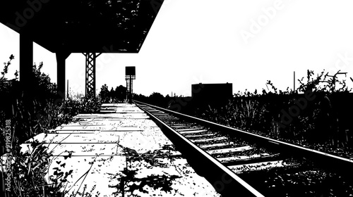 Disused railway station with overgrown tracks and a decaying platform area, vector illustration art