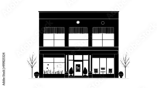 Downtown building with ground-floor cafes, retail shops, and office space above, vector illustration art