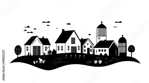 Farmstead comprising a farmhouse, a barn, and various outbuildings amidst expansive farmland, vector illustration art