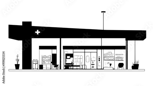 Facility with a pharmacy, diagnostic center, and separate inpatient and outpatient units, vector illustration art