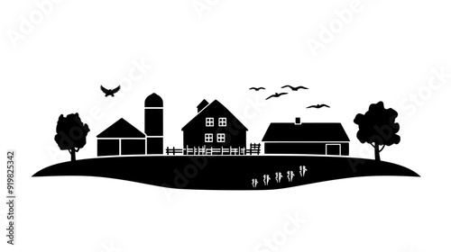 Farmstead comprising a farmhouse, a barn, and various outbuildings amidst expansive farmland, vector illustration art