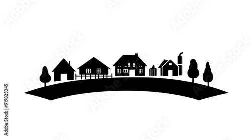 Farmstead comprising a farmhouse, a barn, and various outbuildings amidst expansive farmland, vector illustration art