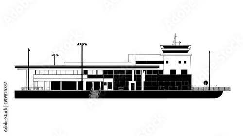 Ferry terminal with docking areas, main building, and visible loading ramps, vector illustration art