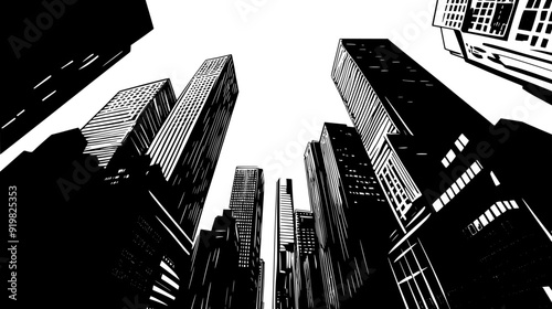 Financial district featuring densely packed high-rise buildings and narrow streets, vector illustration art