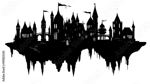 Floating castle with multiple turrets and bridges suspended in mid-air, vector illustration art