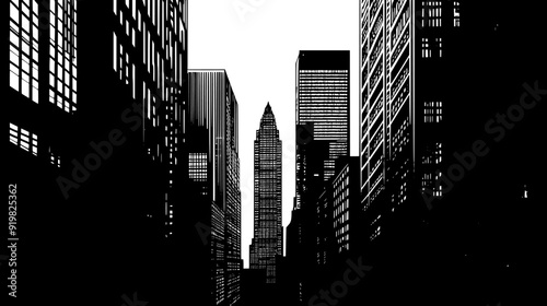 Financial district featuring densely packed high-rise buildings and narrow streets, vector illustration art