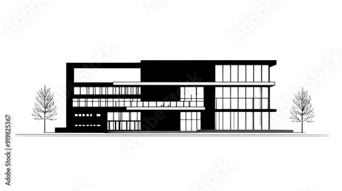 Federal agency headquarters with minimalist design and extensive glass windows, vector illustration art