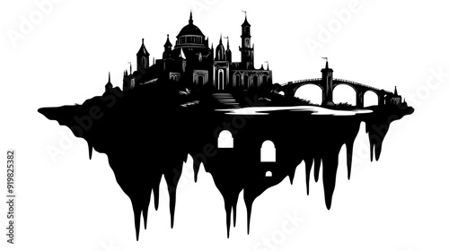 Floating island with a grand palace and a long bridge, vector illustration art