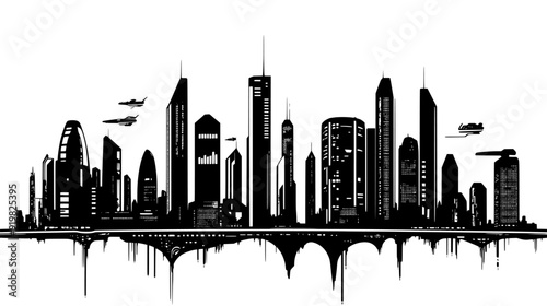 Futuristic cityscape with high-tech buildings, skybridges, and advanced transportation systems, vector illustration art