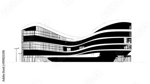 Futuristic office building with an undulating facade and spacious atrium, vector illustration art