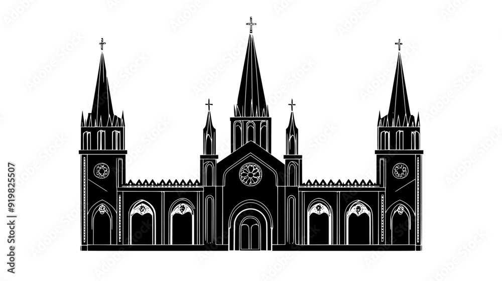 Grand cathedral with tall spires, intricate facades, and a large arched doorway, vector illustration art Grand cathedral with tall spires, intricate facades, and a large arched doorway, vector illustration art