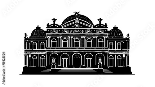 Grand opera house, located in an urban area, with streets and other buildings around it, vector illustration art