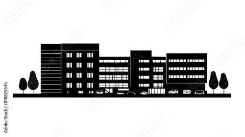 Healthcare complex with a main building, several annexes, and a spacious parking area, vector illustration art