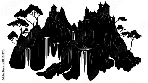 Hidden mountain fortress with elaborate carvings and fantastical design features, vector illustration art