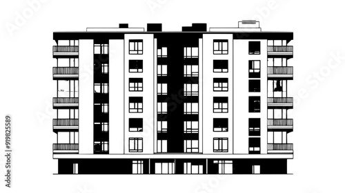 High-rise apartment complex with multiple balconies and floor-to-ceiling windows, vector illustration art