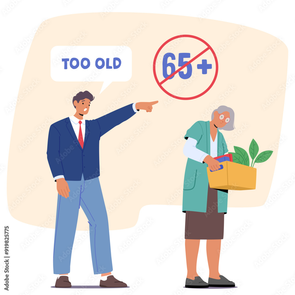 Age Discrimination In The Workplace, Younger Boss Dismissing Older Employee Over 65. Scene Highlights Ageism Age Discrimination In The Workplace, Younger Boss Dismissing Older Employee Over 65. Scene Highlights Ageism