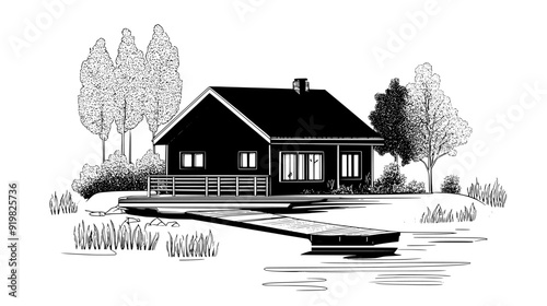 Lakeside cottage with a sloped roof, a wooden deck, and a dock extending into the water, vector illustration art