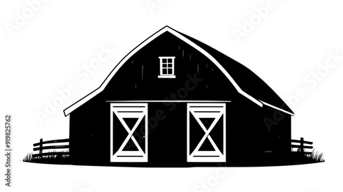Large barn with a peaked roof and double doors, situated in the middle of farmland, vector illustration art