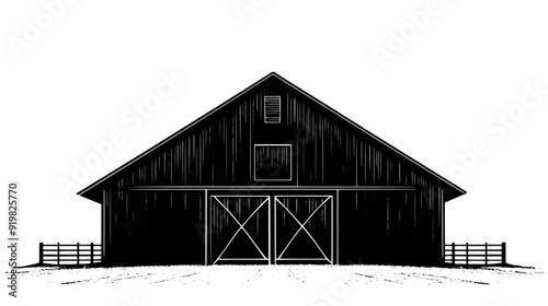 Large barn with a peaked roof and double doors, situated in the middle of farmland, vector illustration art