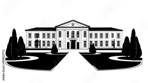 Large building with a wide entrance, flanked by tall pillars, and a flat roof, vector illustration art