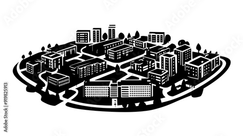 Large university campus with interconnected buildings, courtyards, and walkways between the various facilities, vector illustration art