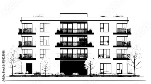 Luxury apartment building with balconies on each floor, overlooking a landscaped courtyard, vector illustration art