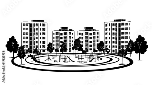 Large residential complex with multiple buildings surrounding a central courtyard and playground, vector illustration art