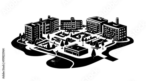 Large university campus with interconnected buildings, courtyards, and walkways between the various facilities, vector illustration art